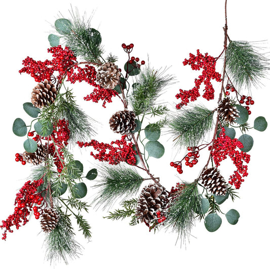 Christmas Garland, Flexible Artificial Pine Cone Berry Ornaments for Home Fireplace Decoration for Xmas Holiday New Year Decor at Indoor/Outdoor