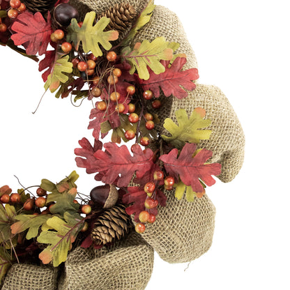 Rustic Burlap Fall Harvest Wreath with Acorns and Berries, 18-Inch