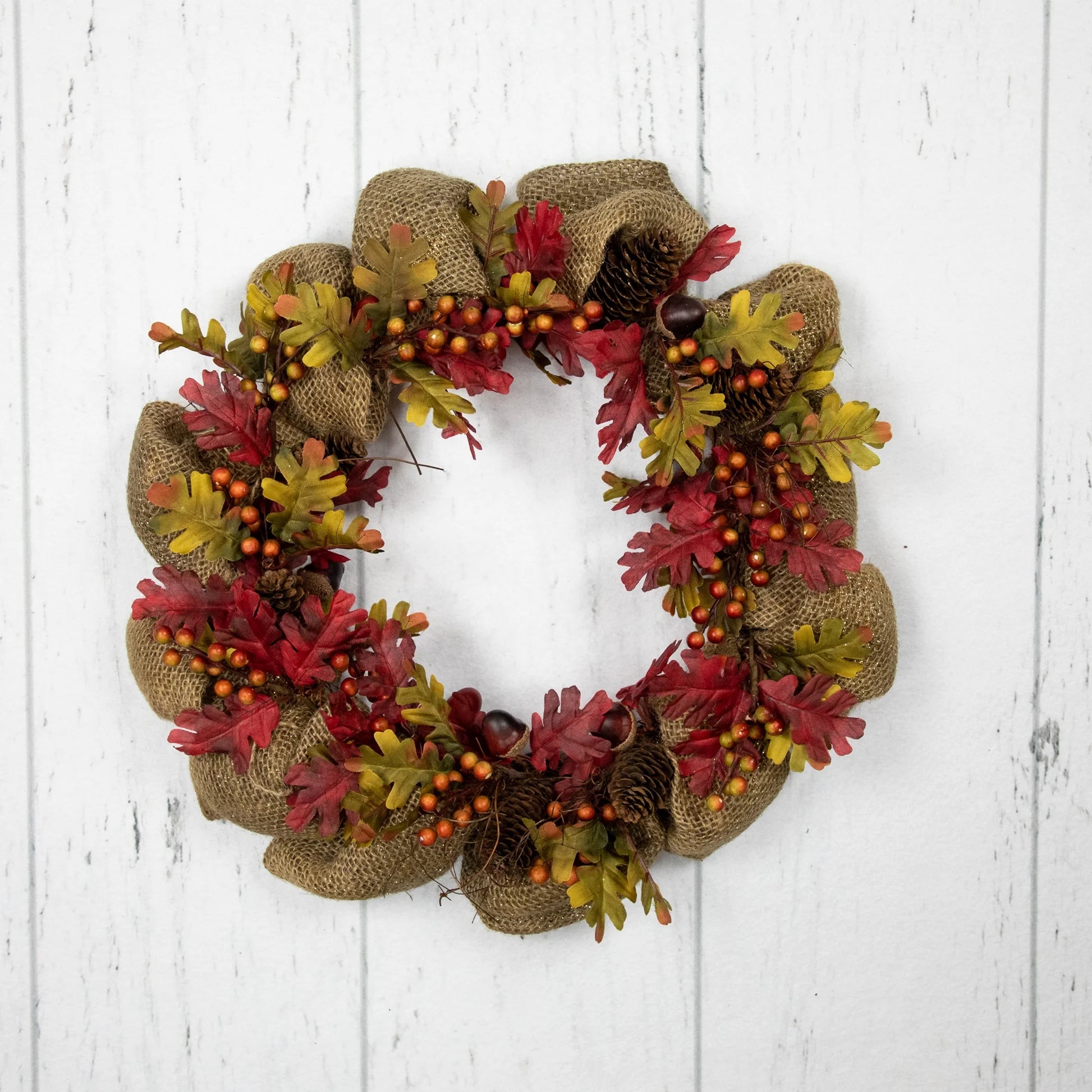 Rustic Burlap Fall Harvest Wreath with Acorns and Berries, 18-Inch