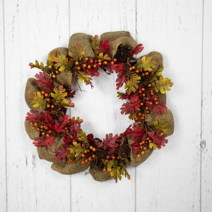 Rustic Burlap Fall Harvest Wreath with Acorns and Berries, 18-Inch
