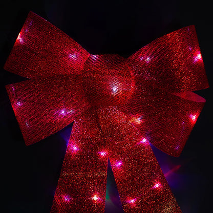 LED Lighted Color Changing Tinsel Bow Christmas Decoration - 24" - Red