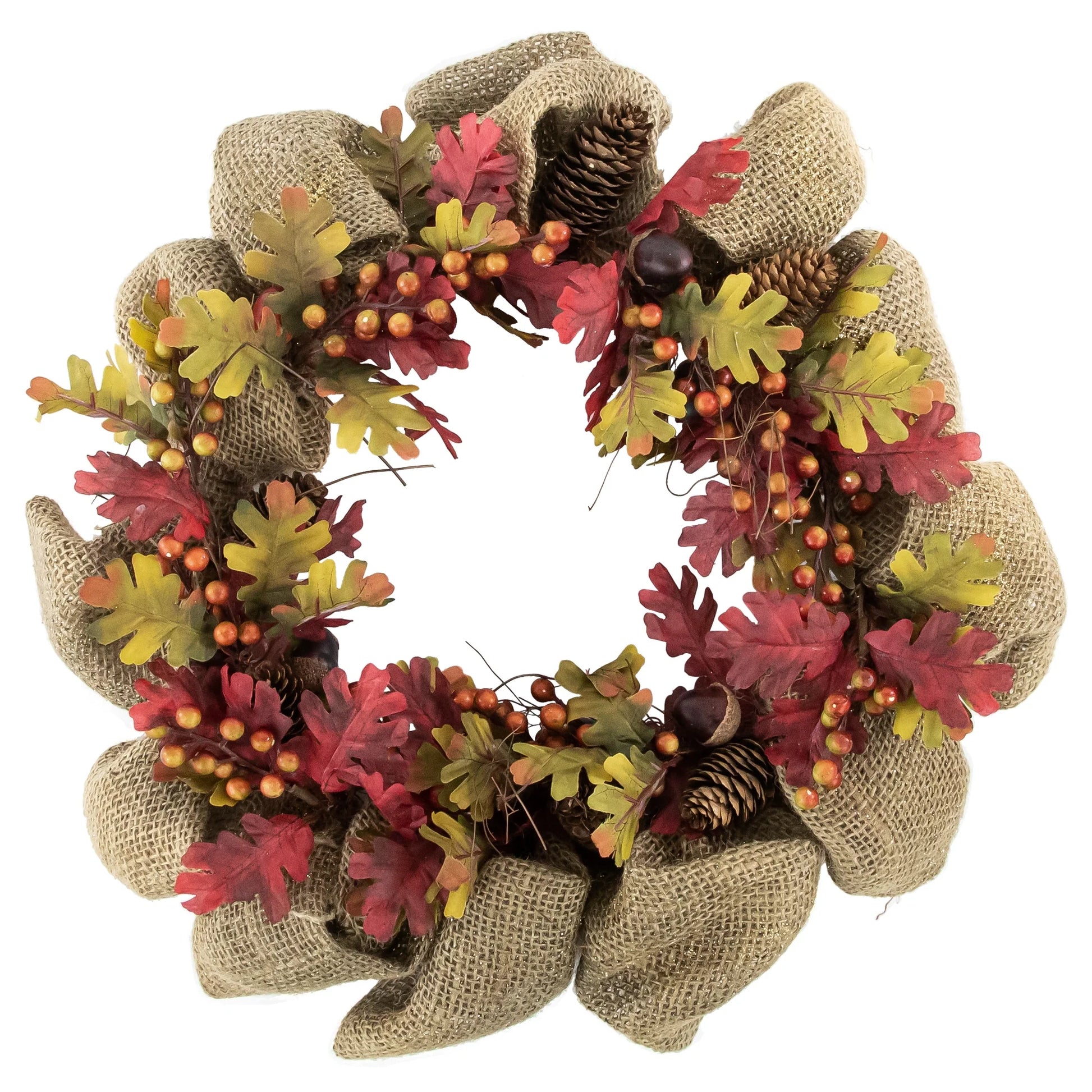 Rustic Burlap Fall Harvest Wreath with Acorns and Berries, 18-Inch
