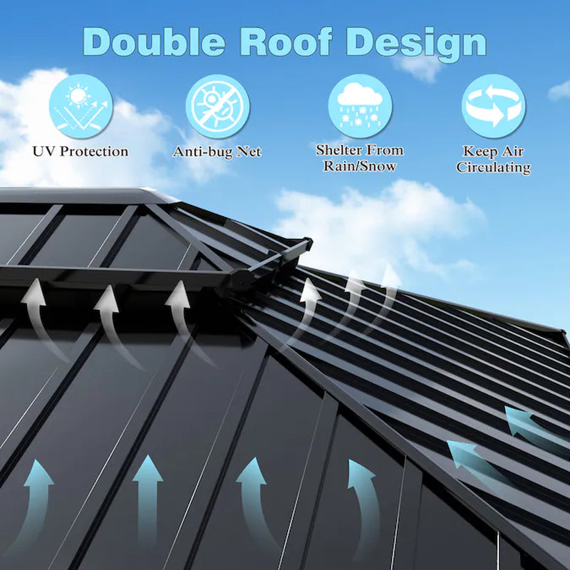 12-Ft X 10-Ft Hardtop Black Gazebo with Hardtop Roof (Screen Included)