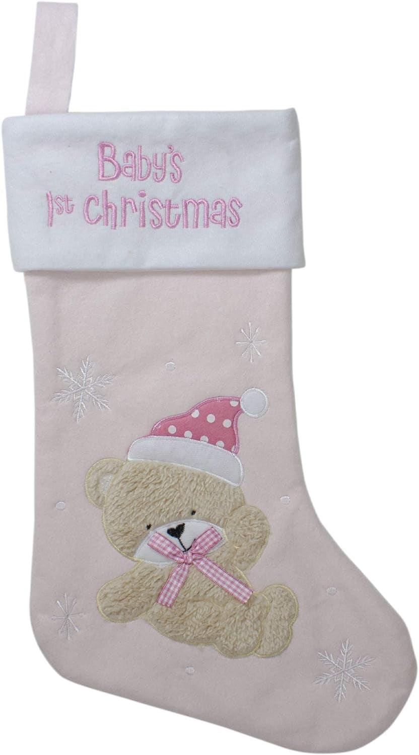 Baby'S 1St Christmas Embroidered Teddy Bear Stocking, 19", White/Pink