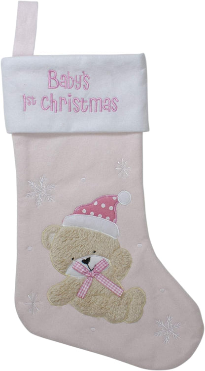 Baby'S 1St Christmas Embroidered Teddy Bear Stocking, 19", White/Pink