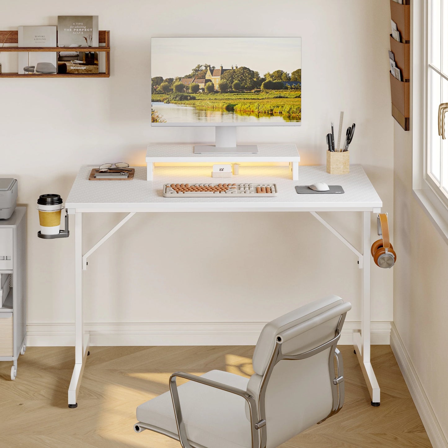 42 Inch LED Gaming Desk with Monitor Stand PC Computer Gamer Home Office Table in White