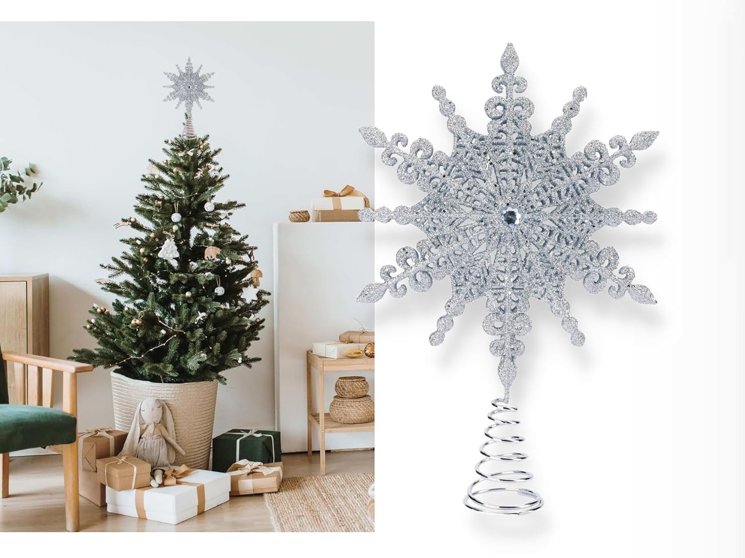 8 Inch Silver Glittered Filigree Christmas Star Tree Topper Star/Home Décor Ornaments (Silver)