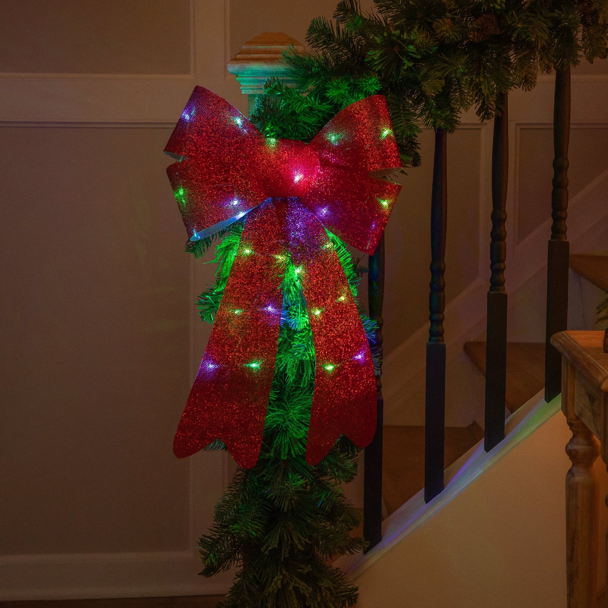 LED Lighted Color Changing Tinsel Bow Christmas Decoration - 24" - Red