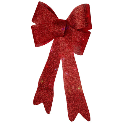 LED Lighted Color Changing Tinsel Bow Christmas Decoration - 24" - Red