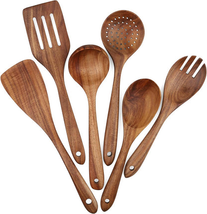 Wooden Cooking Utensils Set 6-Piece Wood Kitchen Utensil Set for Non Stick Cookware Wooden Spatula,Fork,Turner,Ladle,Strainer Spoons (6)