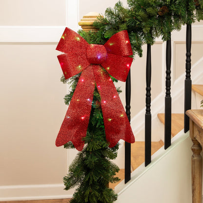 LED Lighted Color Changing Tinsel Bow Christmas Decoration - 24" - Red