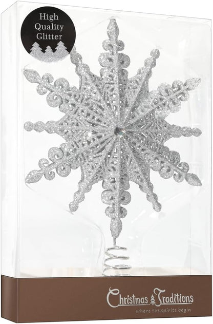 8 Inch Silver Glittered Filigree Christmas Star Tree Topper Star/Home Décor Ornaments (Silver)